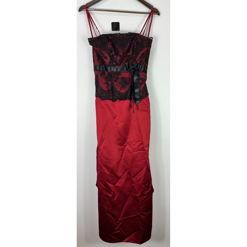 Red Satin Black Lace‎ Corset Gown 2 Whimsigoth Vampcore Gothic Glam Formal Prom